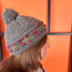 Embroidered Knit Pom Beanie Hat